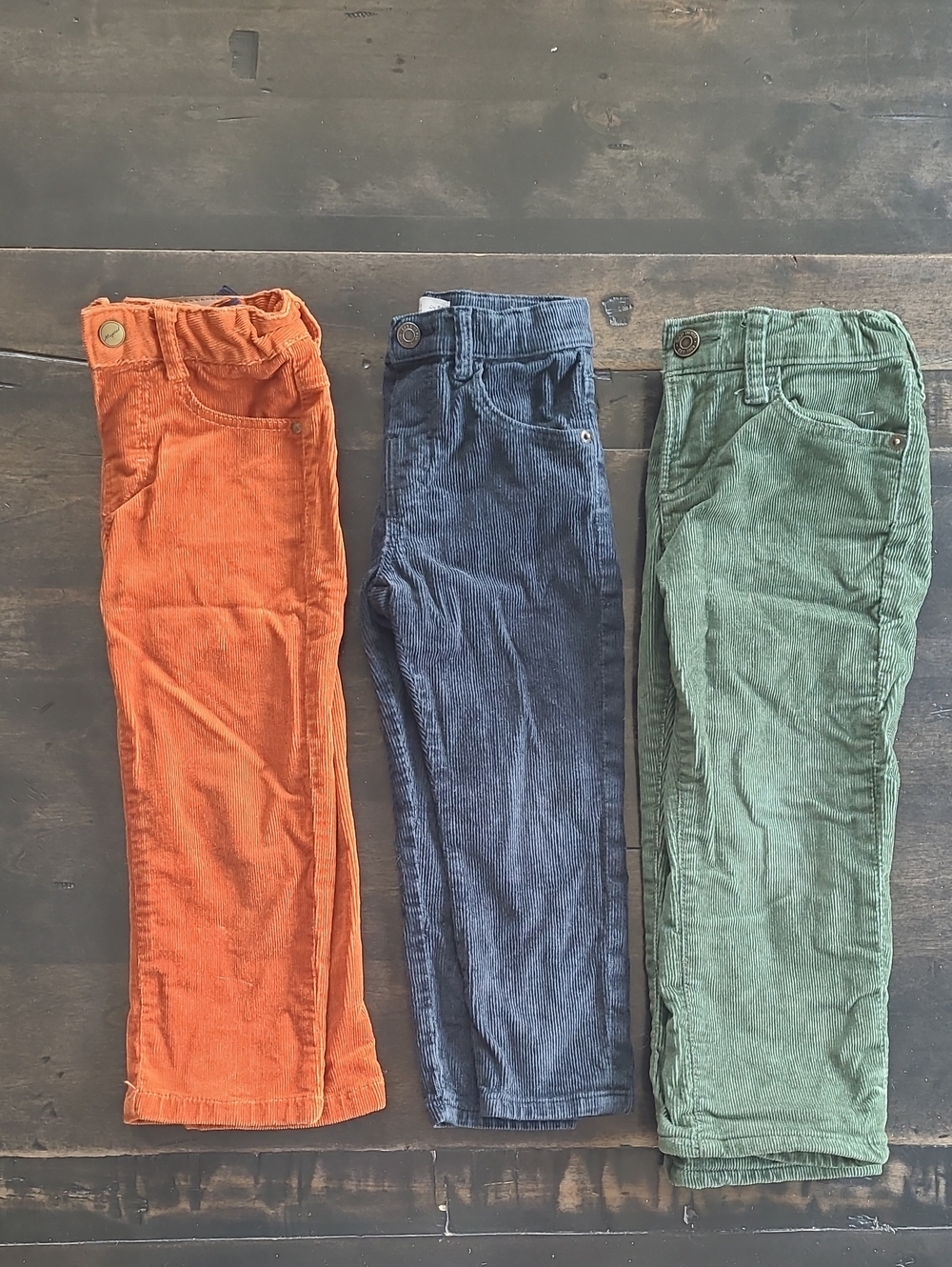 Set Of 3, Size 3 Mayoral Kids Corduroy Pants in Orange, Blue, and Green